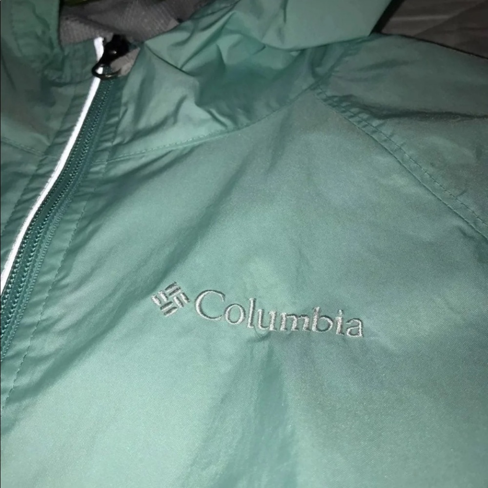 Mint blue/green Columbia rain jacket